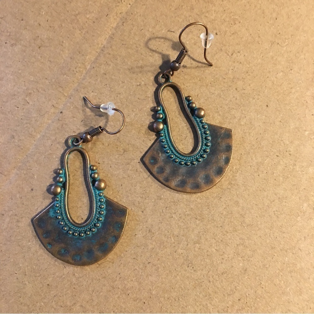 Boho, Western Flair Fashion Dangle Hammered Metal Earrings, Cooper, Turquoise - Picture 6 of 14